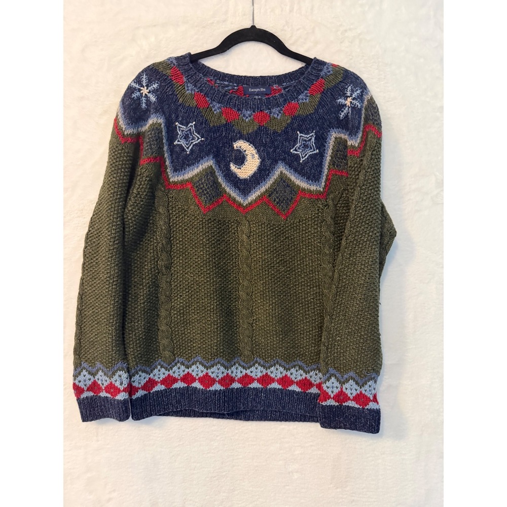 Eagle's Eye Celestial Fair Isle Sweater Womens Medium Olive Green Moon Star Knit